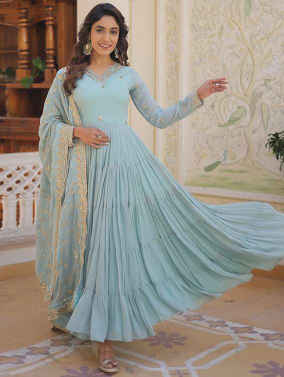 women solid with work long sleeve kurta dupatta set - 22112635 -  Standard Image - 2