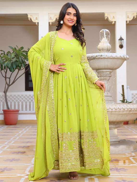 women solid with work long sleeve kurta dupatta set