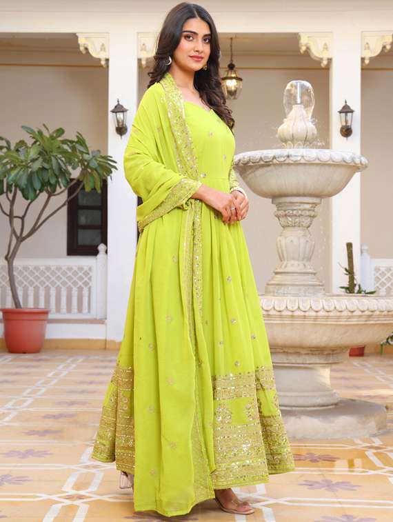 women solid with work long sleeve kurta dupatta set - 22112638 -  Standard Image - 2