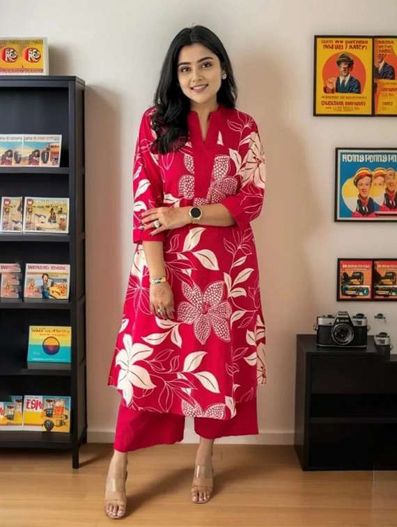 women floral three quarter sleeve kurta palazzo set - 22112645 -  Standard Image - 2