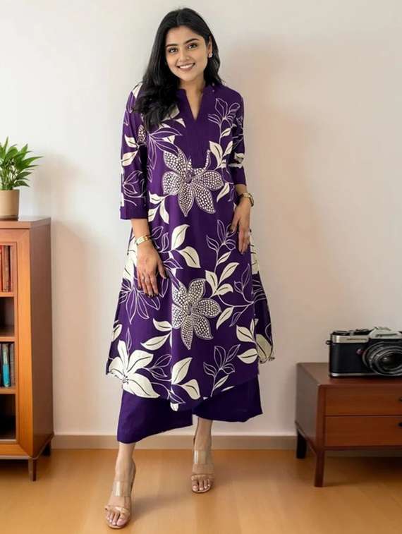 women floral three quarter sleeve kurta palazzo set