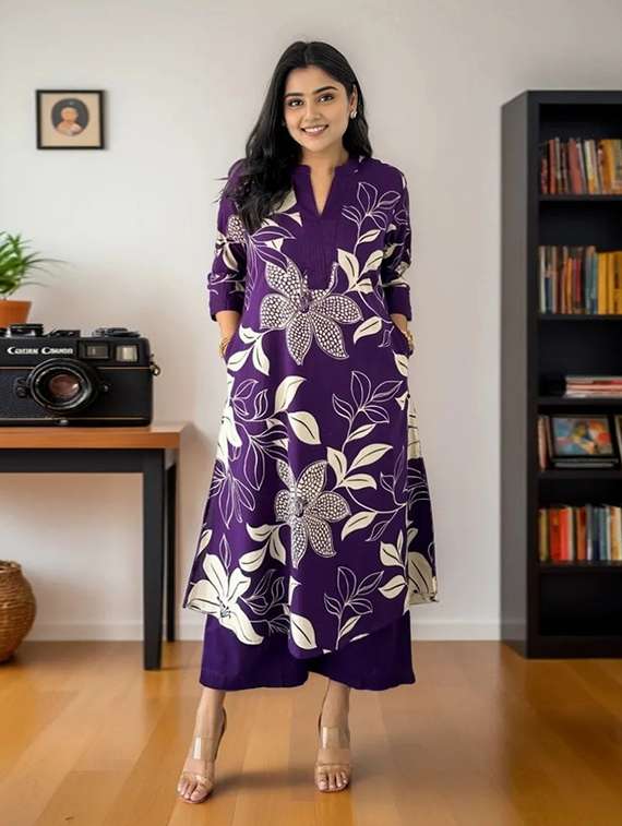 women floral three quarter sleeve kurta palazzo set - 22112646 -  Standard Image - 2