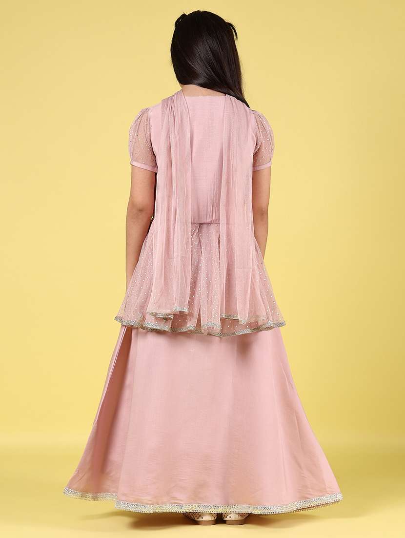 girls solid with work short sleeve kurta skirt with dupatta set - 22126858 -  Standard Image - 2