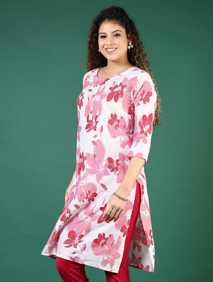 women floral printed three quarter sleeve straight kurta - 22127693 -  Standard Image - 2