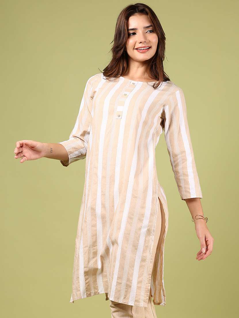 women striped three quarter sleeve straight kurta - 22127695 -  Standard Image - 2