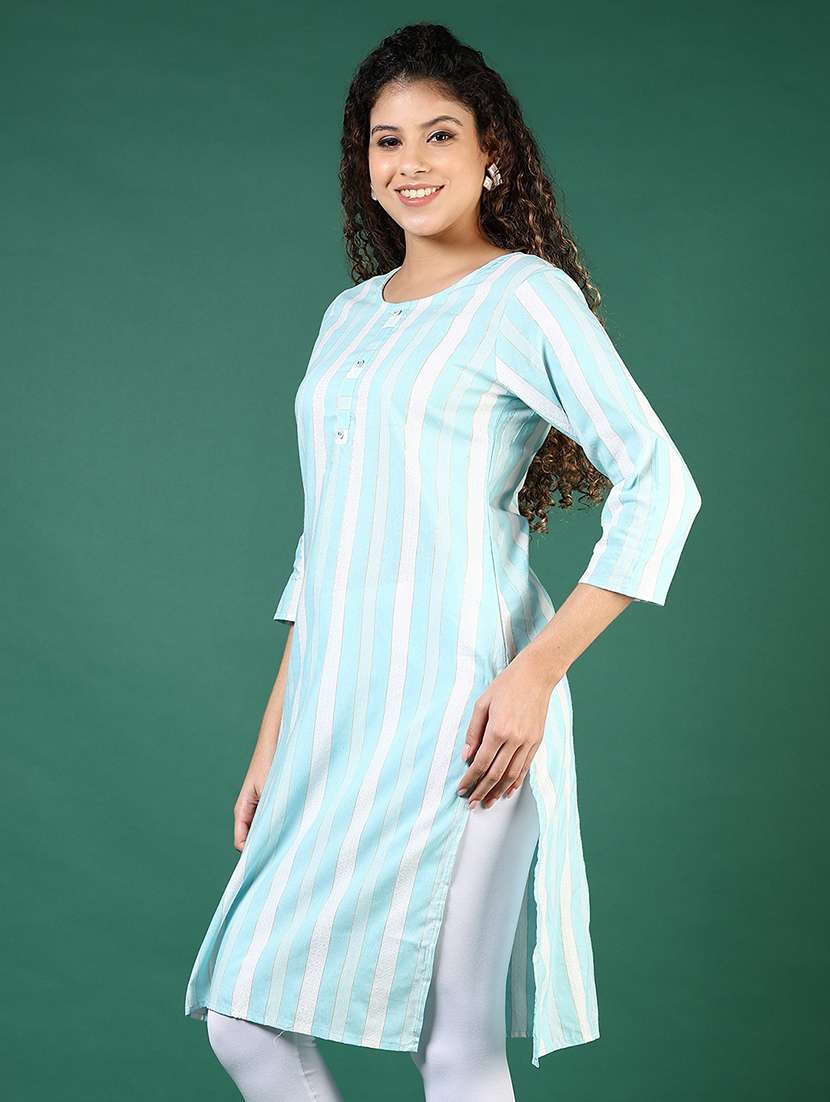 women striped three quarter sleeve straight kurta - 22127696 -  Standard Image - 2
