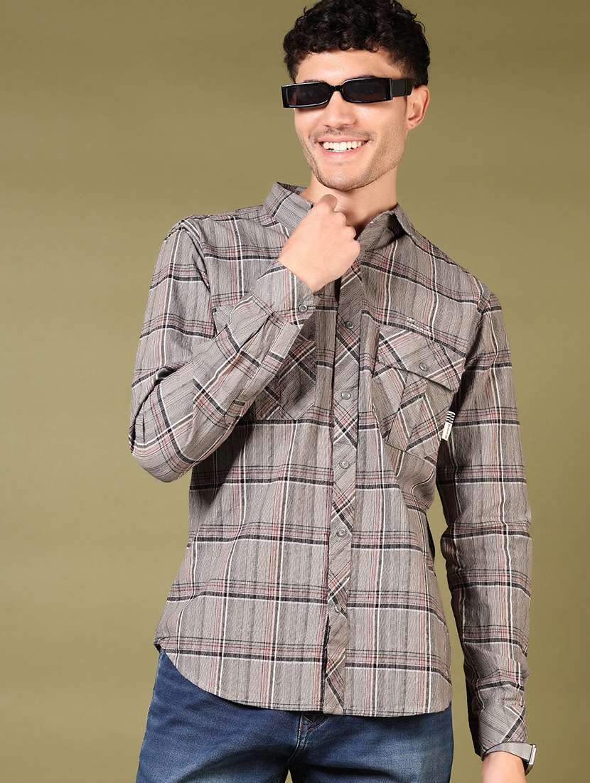 men checkered long sleeve slim fit casual shirt
