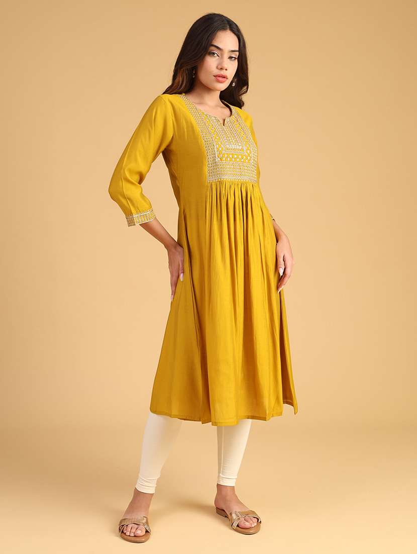 women embroidered three quarter sleeve a-line kurta - 22130242 -  Standard Image - 2