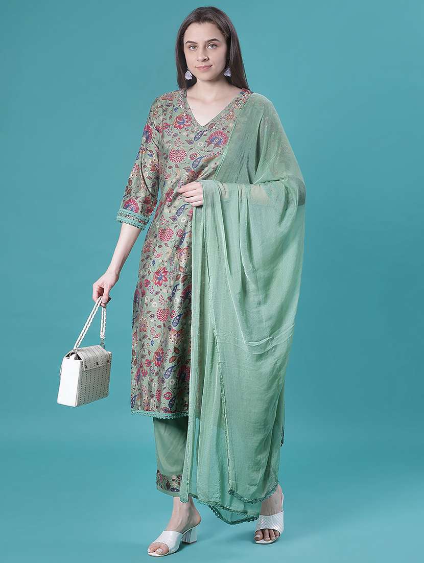 women floral printed three quarter sleeve kurta pant with dupatta set
