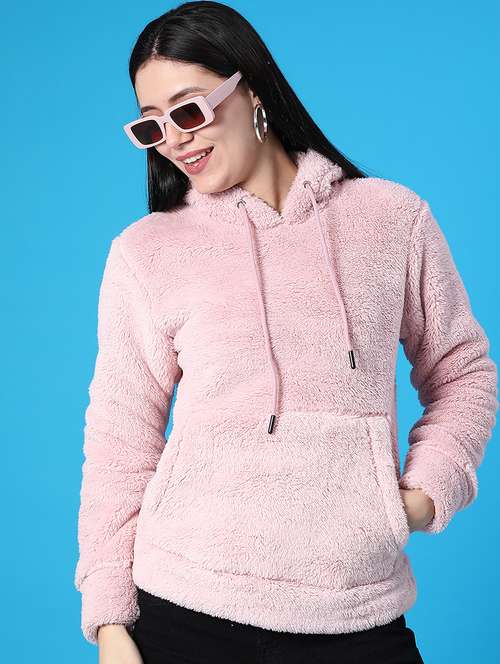 women solid long sleeve hooded fur sweatshirt - 22135712 -  Standard Image - 0