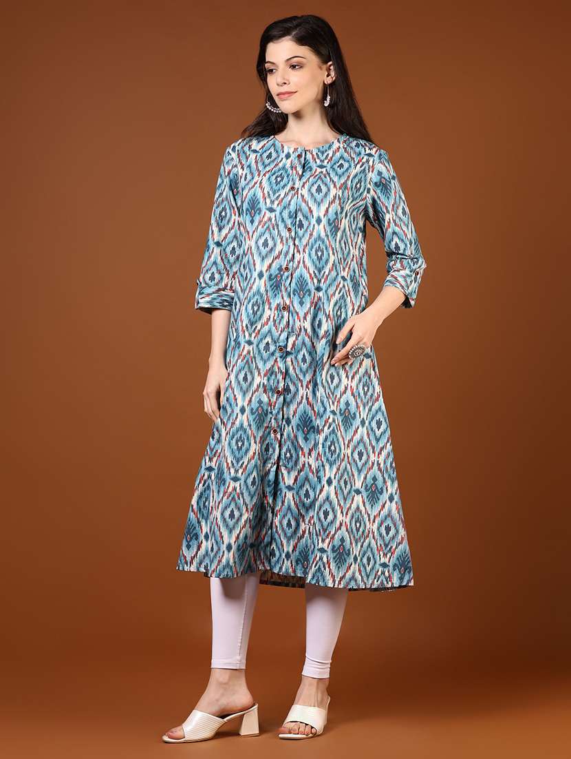 women printed three quarter sleeve a-line kurta - 22136617 -  Standard Image - 2
