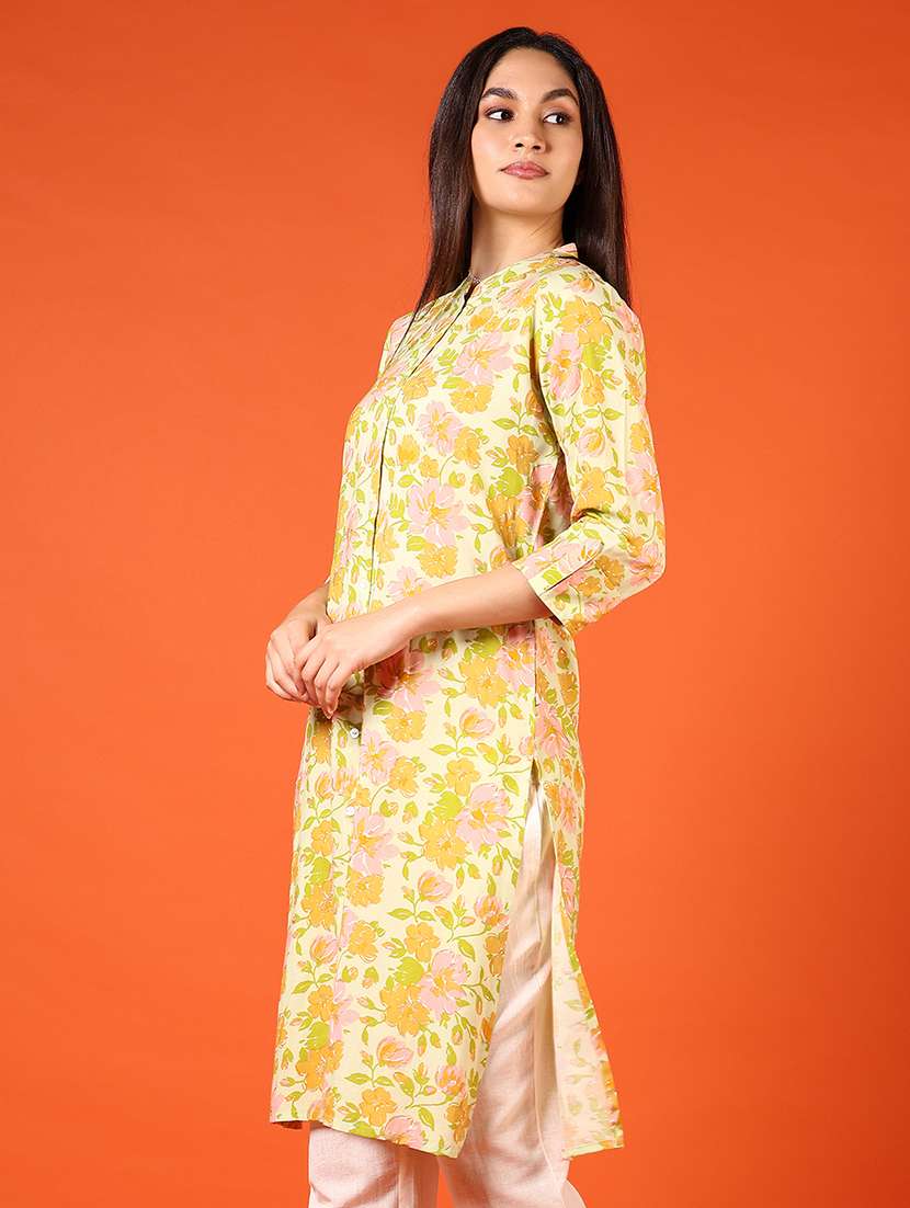 women floral printed three quarter sleeve straight kurta - 22136619 -  Standard Image - 2
