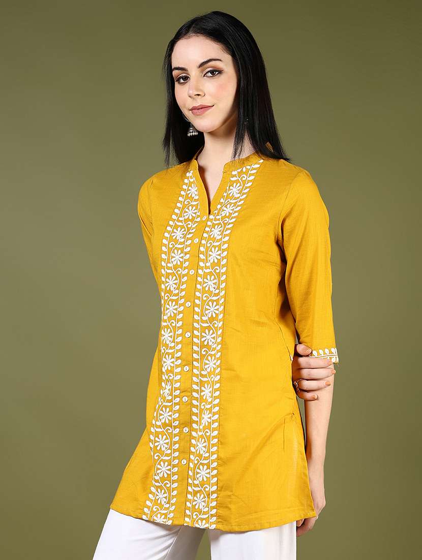 women solid with work three quarter sleeve straight kurti - 22136937 -  Standard Image - 2