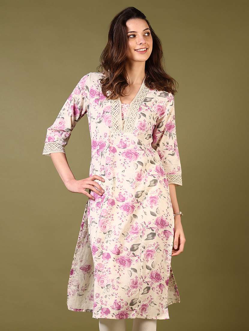 women floral printed three quarter sleeve straight kurta