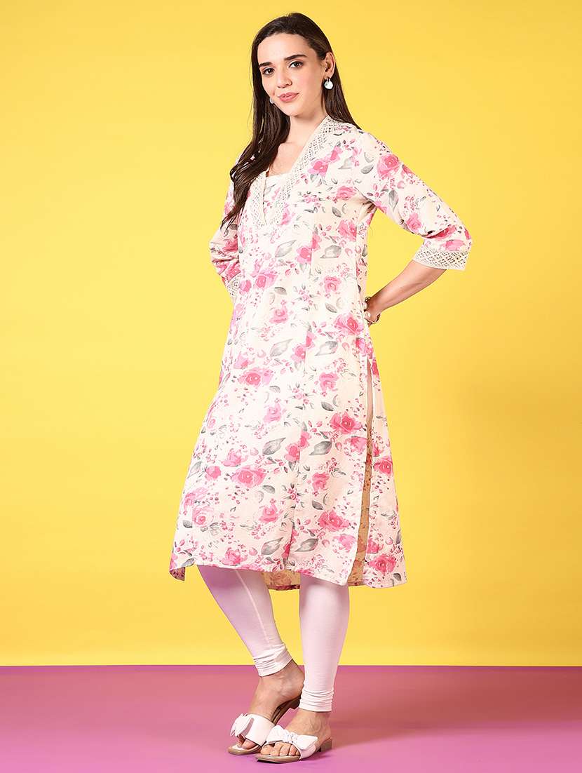 women floral printed three quarter sleeve straight kurta - 22136955 -  Standard Image - 2