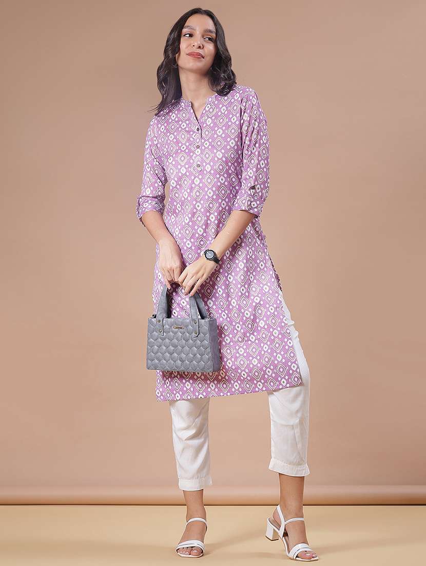 women printed three quarter sleeve straight kurta - 22137077 -  Standard Image - 2