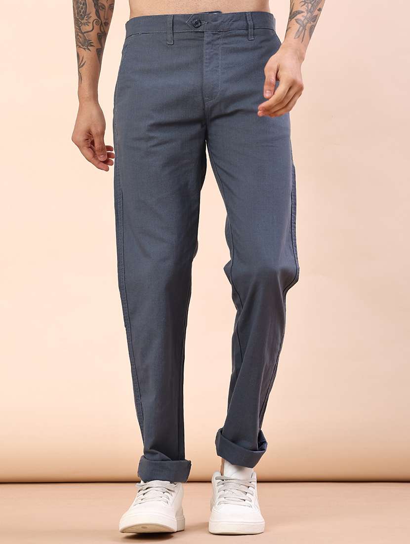 men solid mid rise regular fit casual trouser
