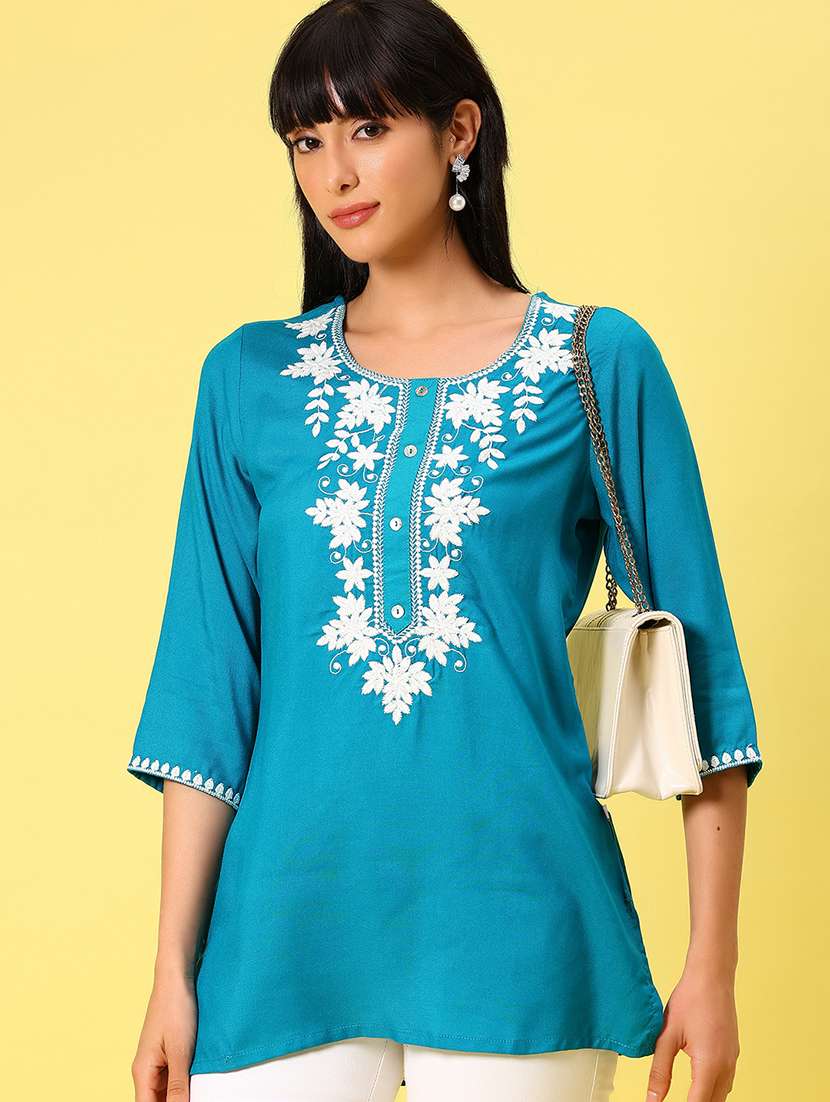 women solid with work three quarter sleeve straight kurti - 22138004 -  Standard Image - 2