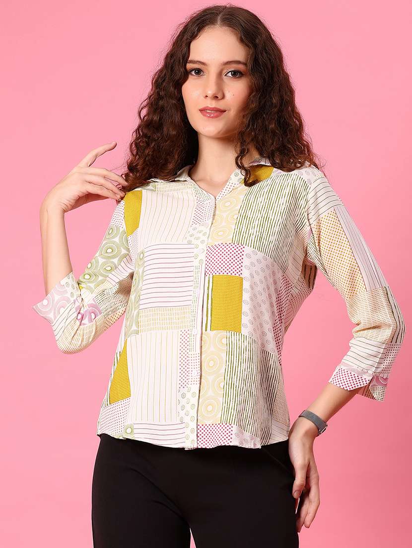 women printed collared three quarter sleeve shirt