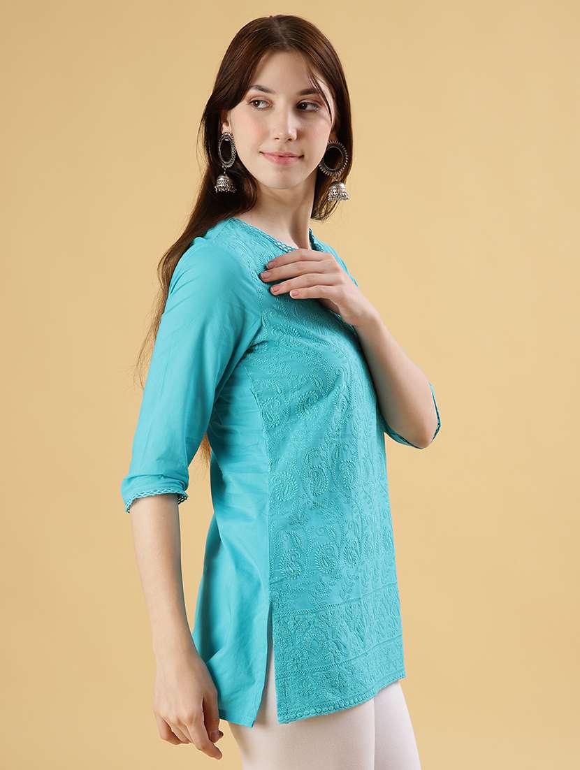 women solid with work three quarter sleeve straight kurti - 22138130 -  Standard Image - 2