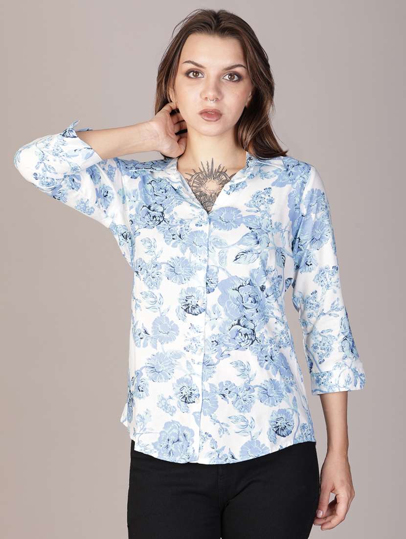 women printed collared three quarter sleeve shirt