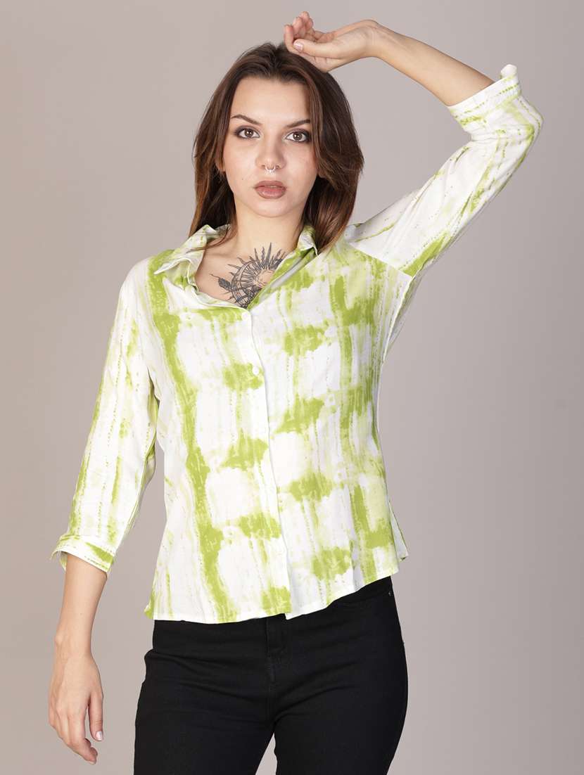 women printed collared three quarter sleeve shirt