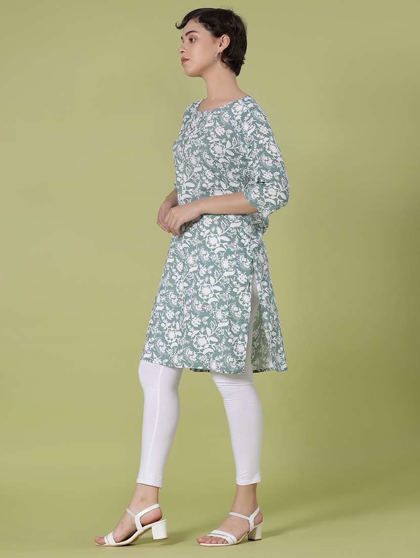 women floral printed three quarter sleeve straight kurta - 22138335 -  Standard Image - 2