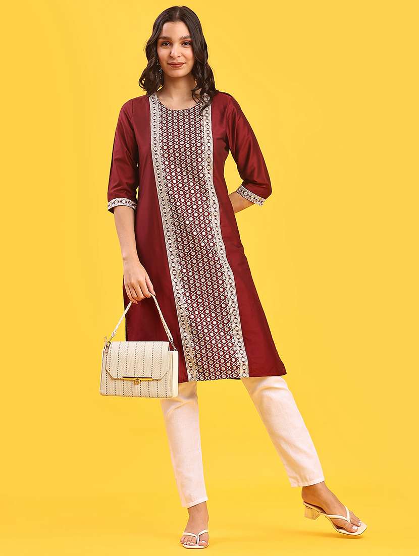 women solid with work three quarter sleeve straight kurta
