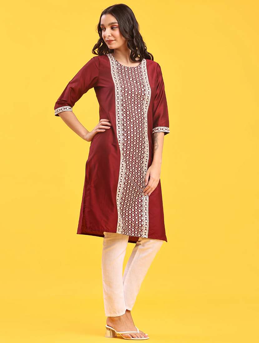 women solid with work three quarter sleeve straight kurta - 22138602 -  Standard Image - 2
