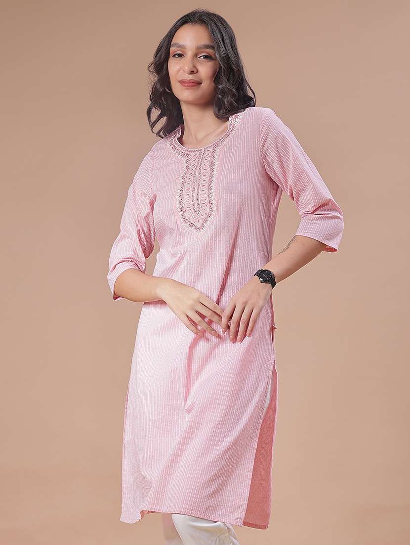 women striped three quarter sleeve straight kurta