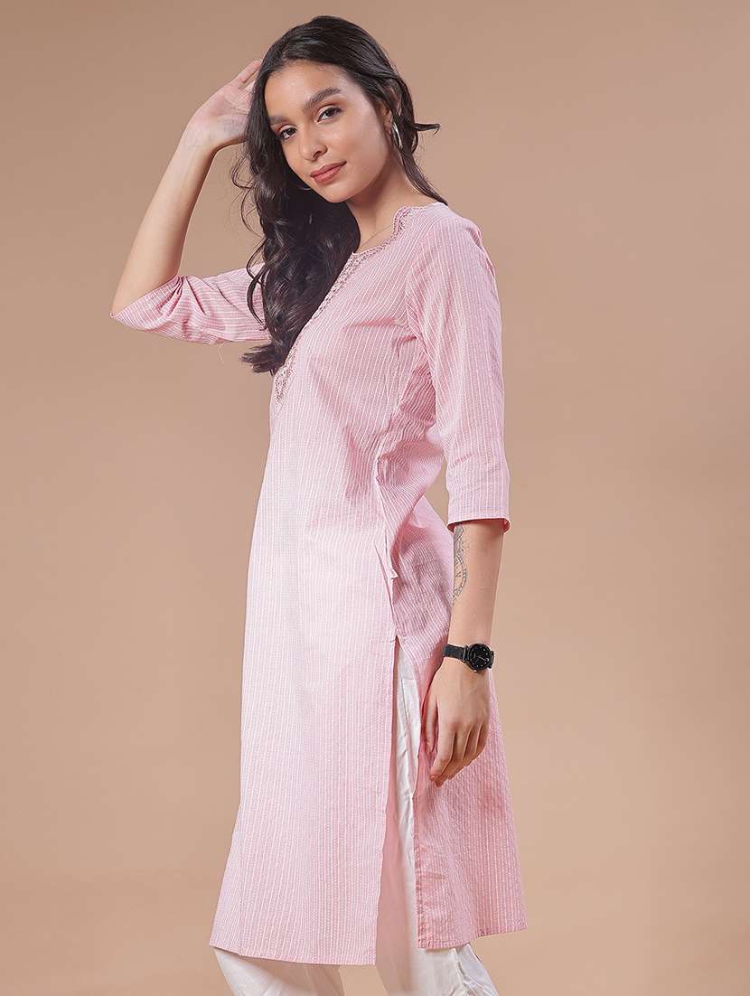 women striped three quarter sleeve straight kurta - 22138925 -  Standard Image - 2