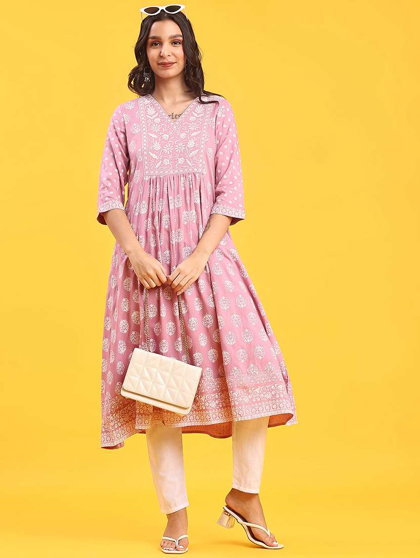 women printed three quarter sleeve a-line kurta