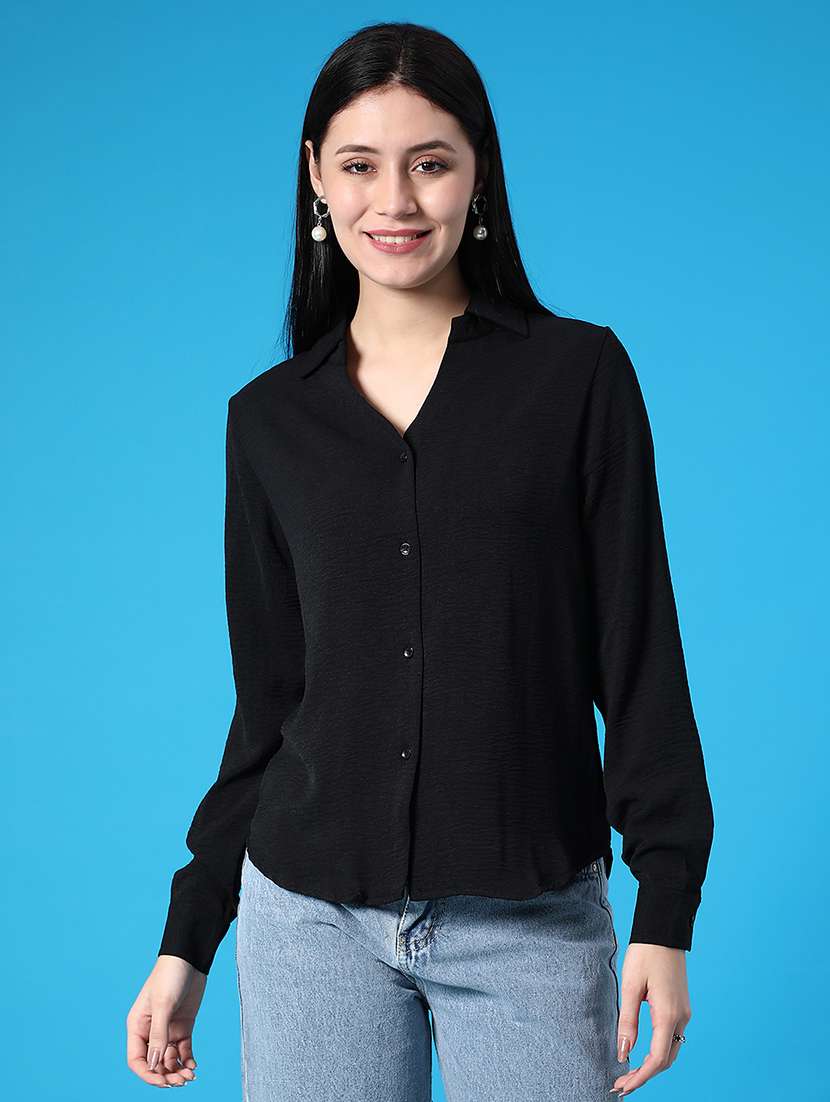 women solid collared long sleeve regular shirt - 22139409 -  Standard Image - 2