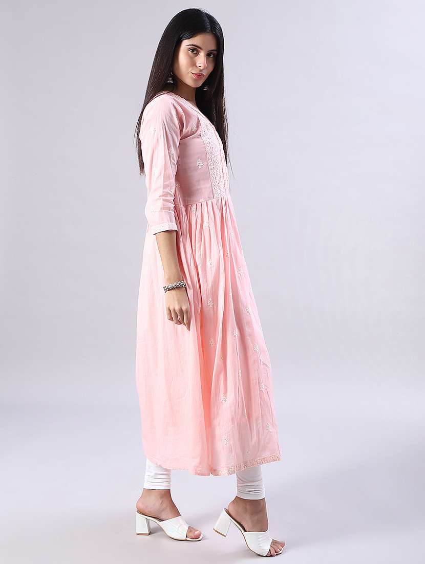 women solid with work three quarter sleeve flared kurta - 22139509 -  Standard Image - 2