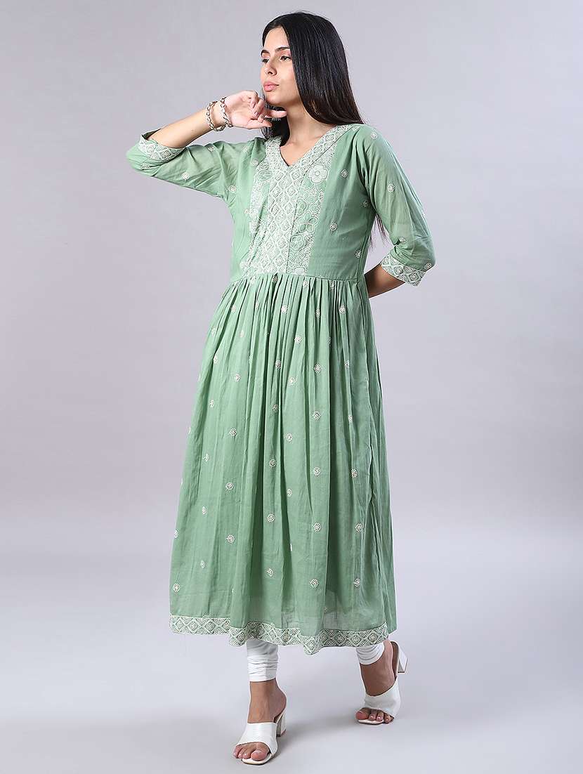 women solid with work three quarter sleeve flared kurta - 22139511 -  Standard Image - 2