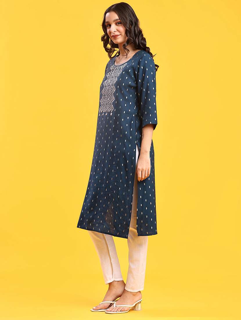 women solid with work three quarter sleeve straight kurta - 22139535 -  Standard Image - 2