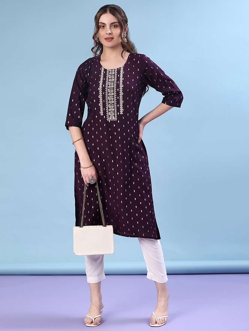 women solid with work three quarter sleeve straight kurta - 22139536 -  Standard Image - 2