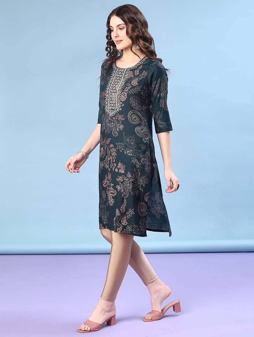 women printed three quarter sleeve straight kurta - 22139540 -  Standard Image - 2