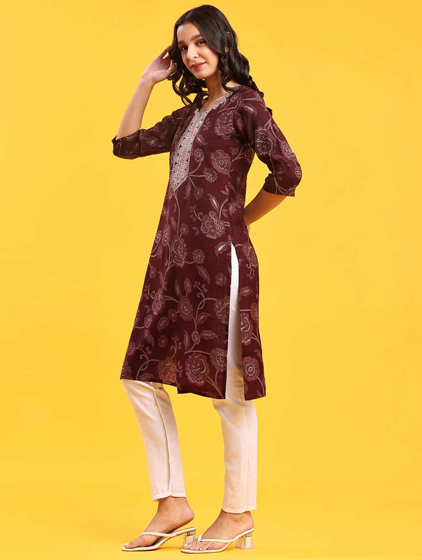 women floral printed three quarter sleeve straight kurta - 22139541 -  Standard Image - 2