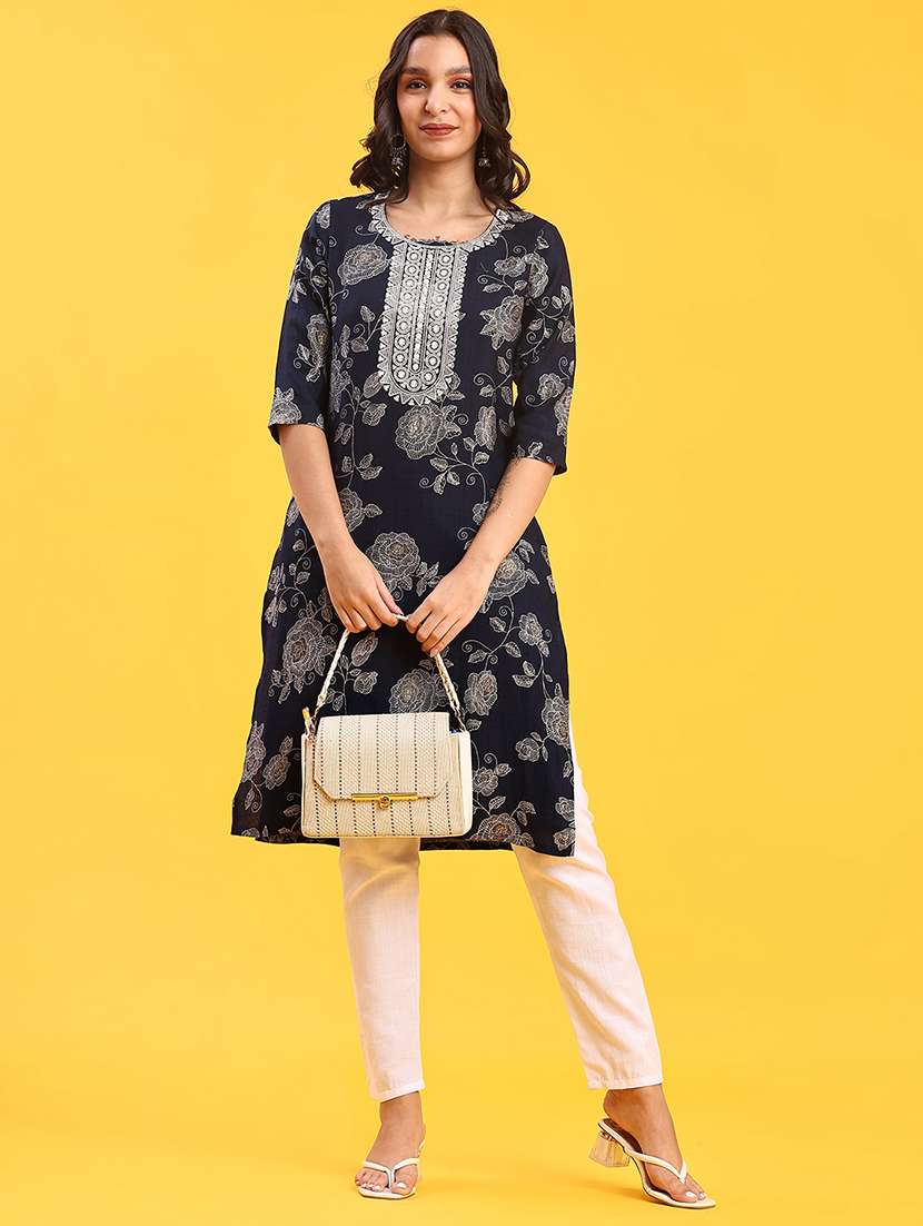 women floral printed three quarter sleeve straight kurta - 22139542 -  Standard Image - 2