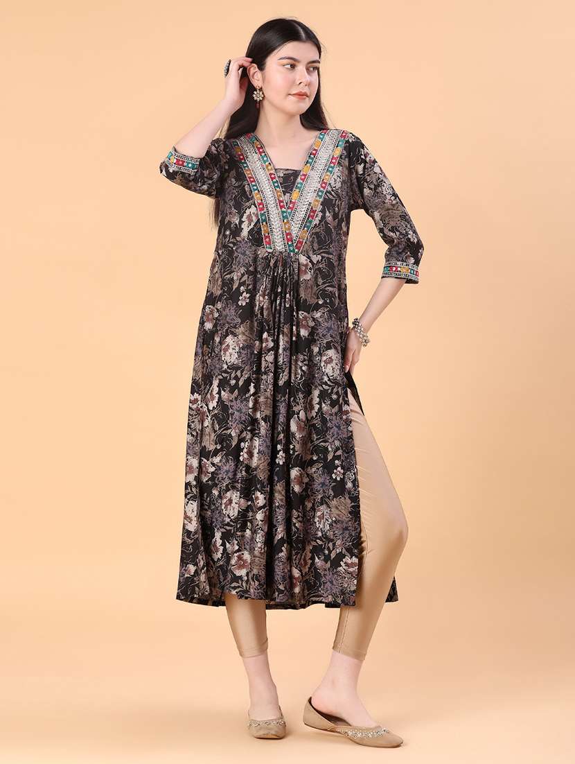 women floral printed three quarter sleeve a-line kurta - 22139551 -  Standard Image - 2