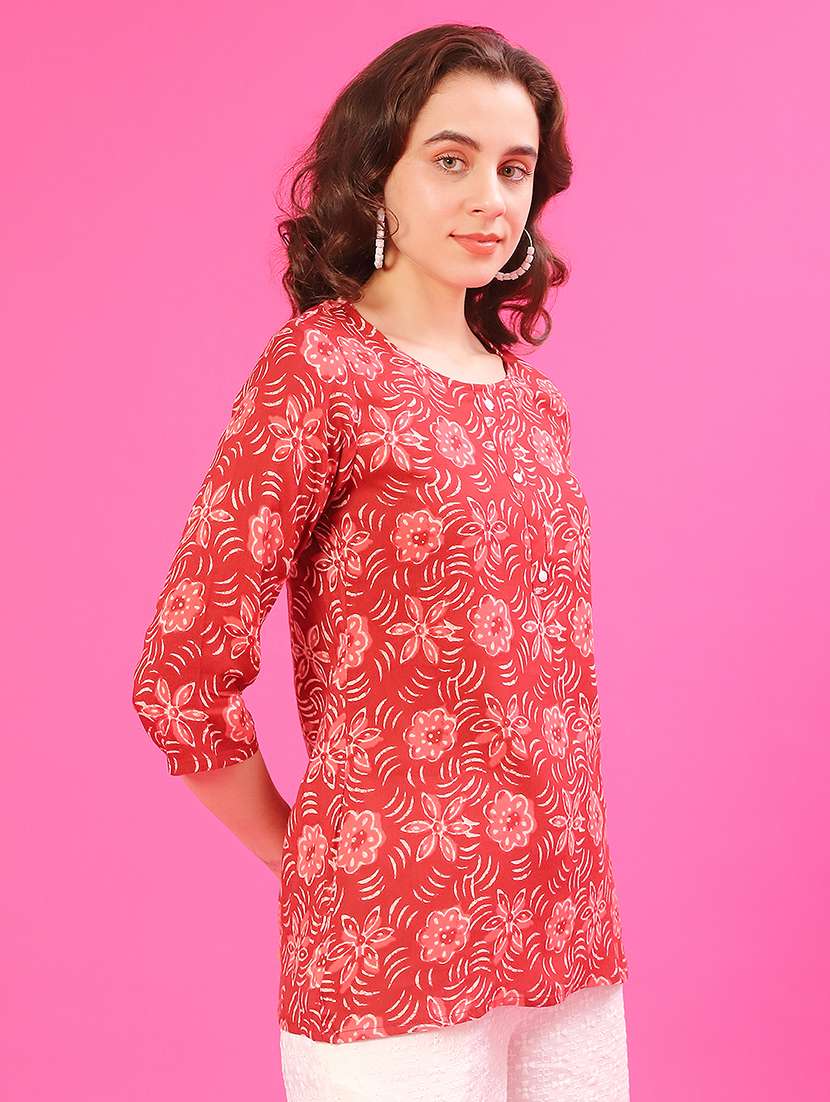 women floral printed three quarter sleeve straight kurti - 22139613 -  Standard Image - 2