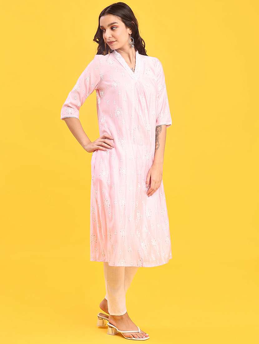 women solid with work three quarter sleeve a-line kurta - 22139681 -  Standard Image - 2