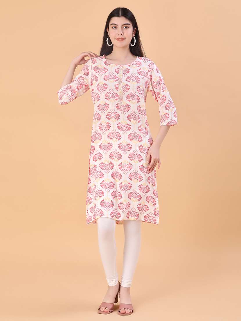 women floral printed three quarter sleeve straight kurta - 22139708 -  Standard Image - 2