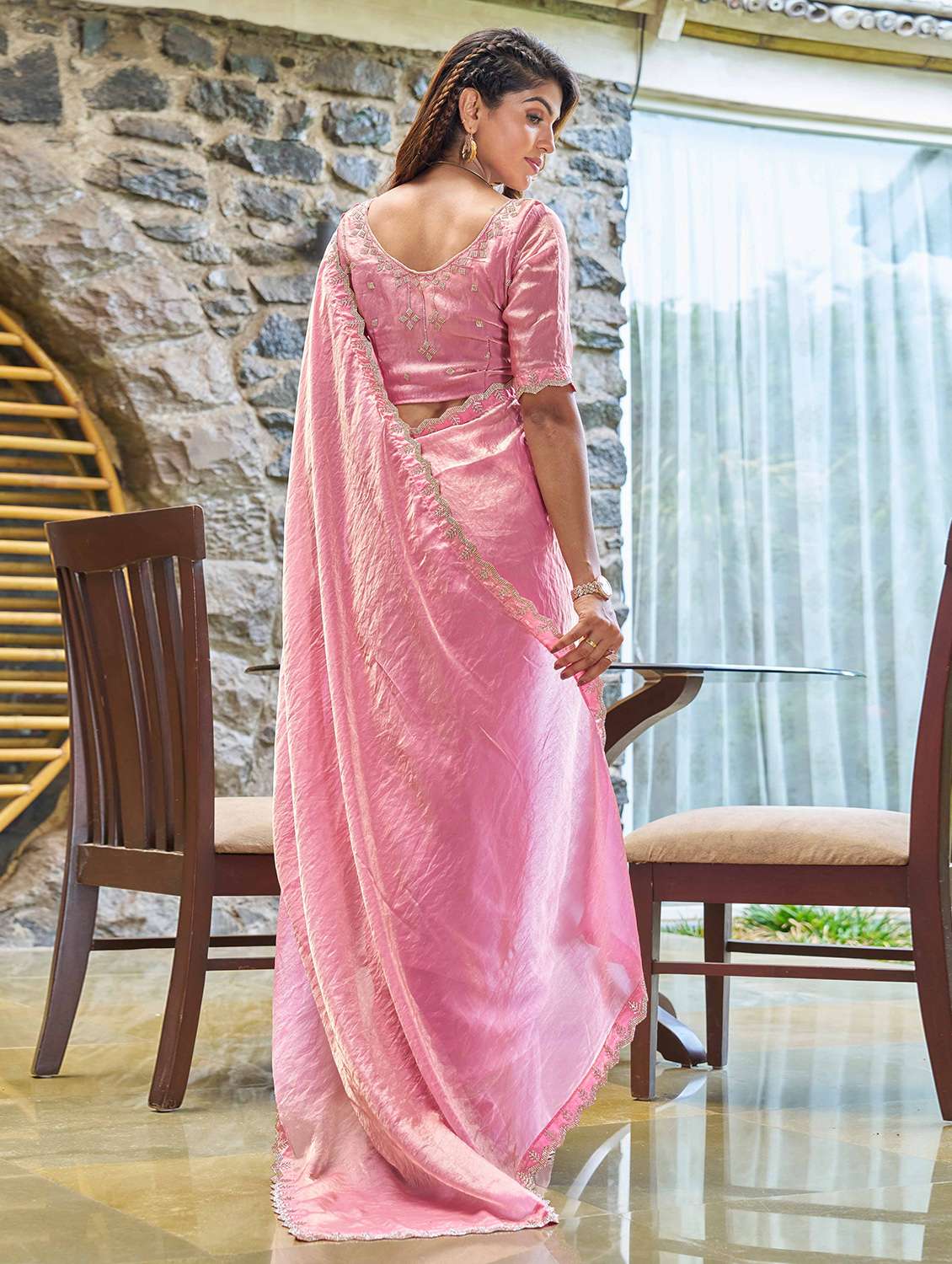 women solid with embellished bordered saree with blouse - 22140109 - Standard Image - 2