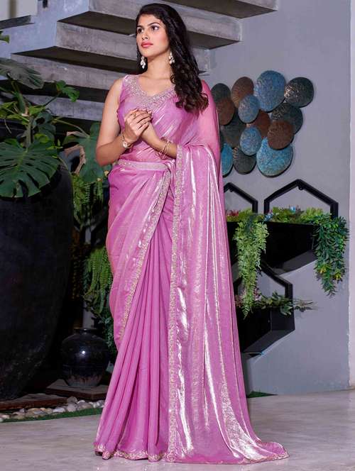 women solid with embellished bordered saree with blouse - 22140117 -  Standard Image - 0