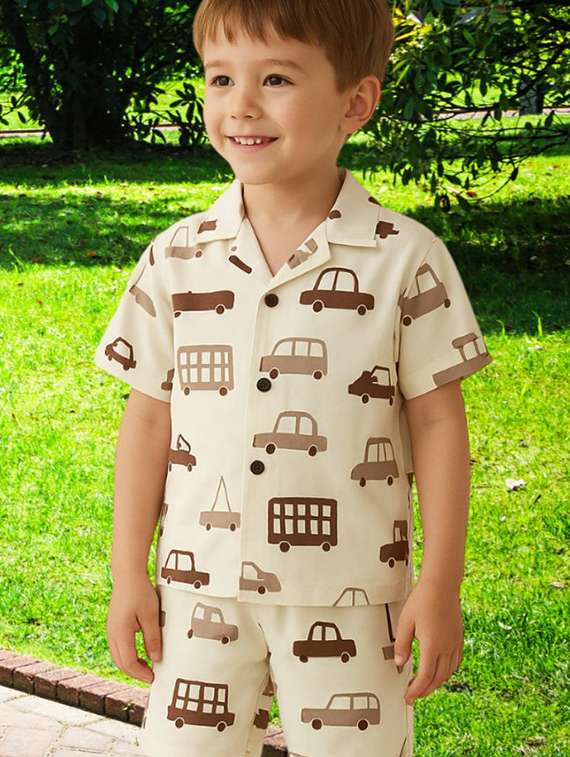 boys printed shirt and shorts co-ord set - 22140182 -  Standard Image - 2