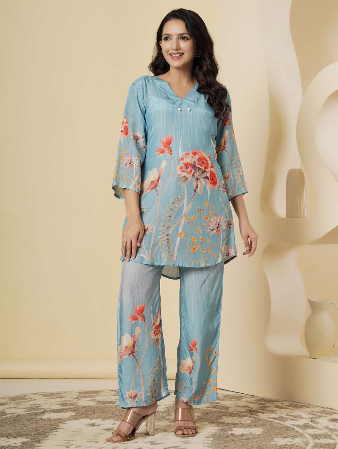 women floral three quarter sleeve ethnic co-ord set - 22140234 - Standard Image - 2
