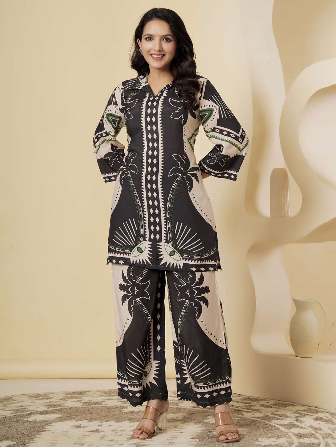 women printed three quarter sleeve ethnic co-ord set