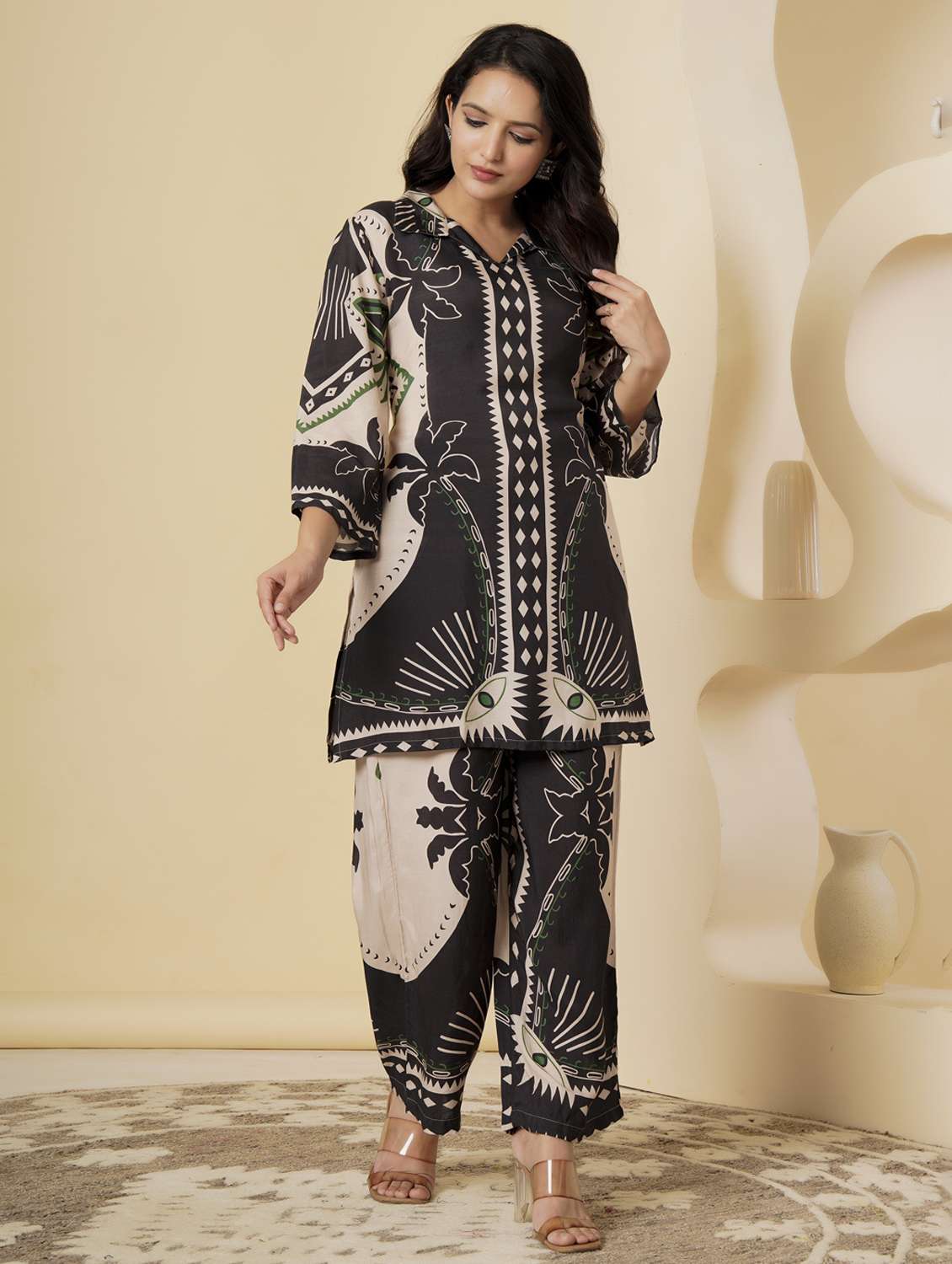 women printed three quarter sleeve ethnic co-ord set - 22140236 - Standard Image - 2